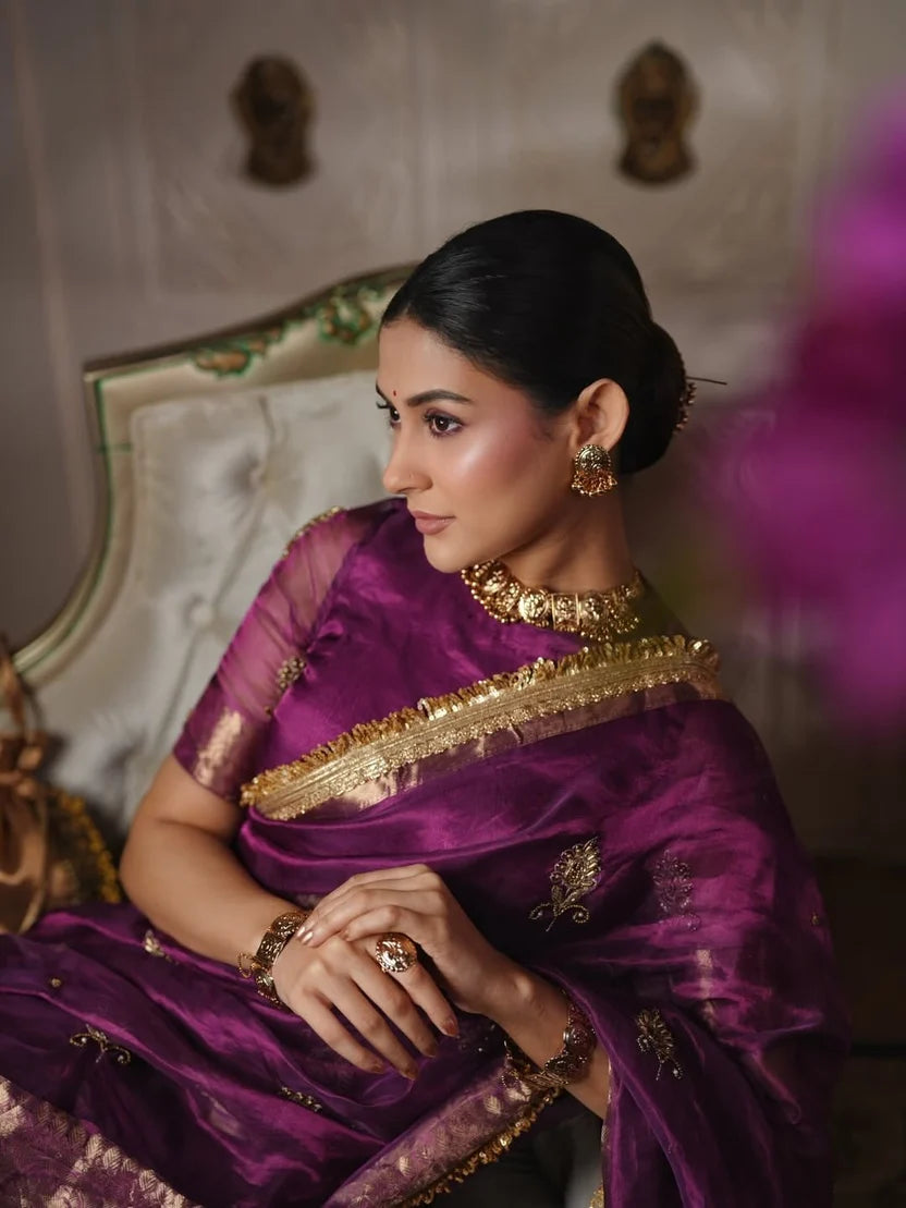 Purple Pure Banarasi Tissue Saree | Handwork, Intricate Border & Lace