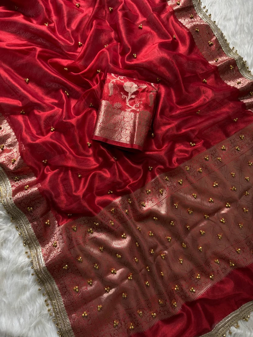 Red Banarasi Tissue Saree with Ghungroo