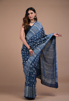 Indigo Cotton Mulmul Saree | Handblock Printed