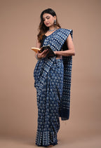 Indigo Cotton Mulmul Saree | Handblock Printed