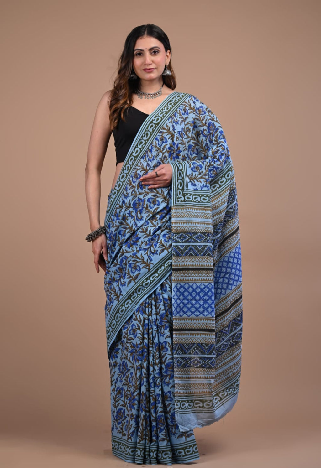 Blue Cotton Mulmul Saree - Breathable Handblock Print