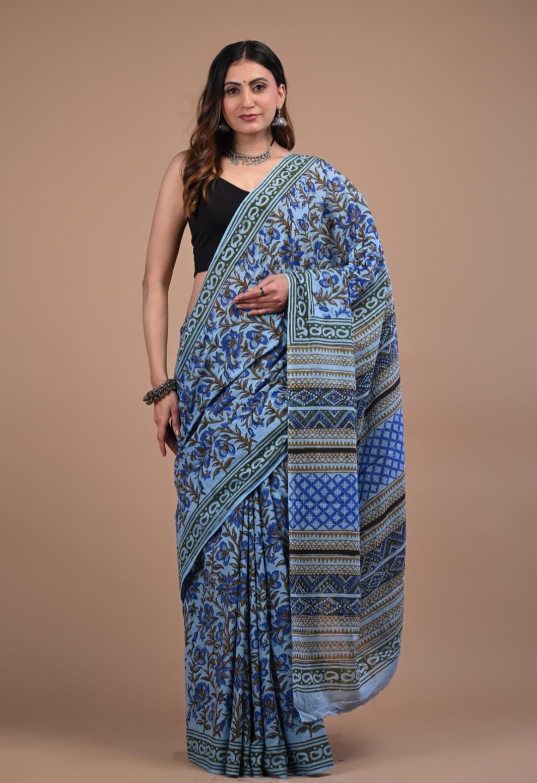 Blue Cotton Mulmul Saree - Breathable Handblock Print