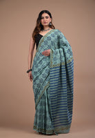 Teal Green Cotton Mulmul Saree | Handblock Printed