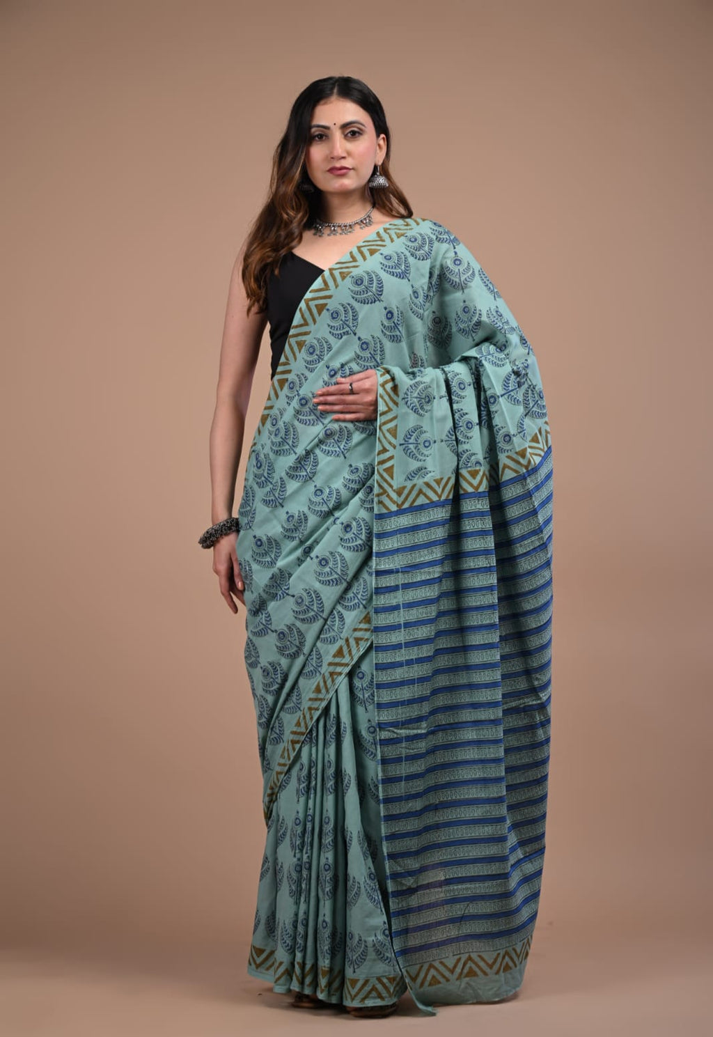 Teal Green Cotton Mulmul Saree | Handblock Printed