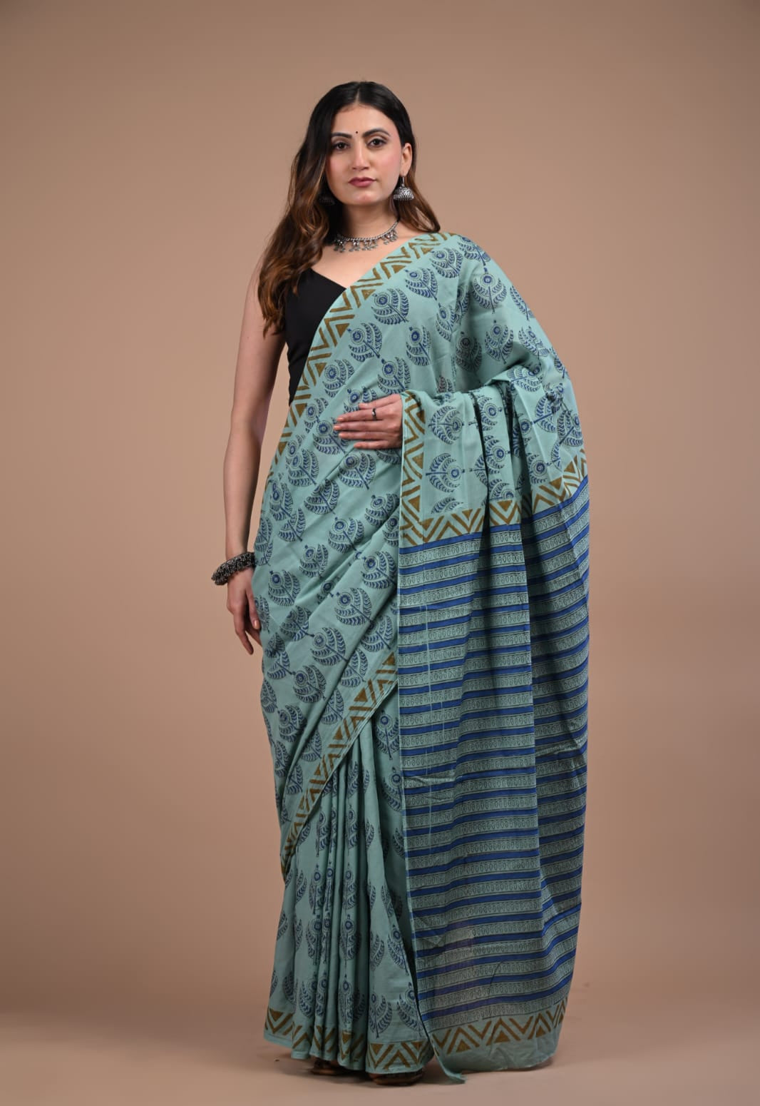 Teal Green Cotton Mulmul Saree | Handblock Printed