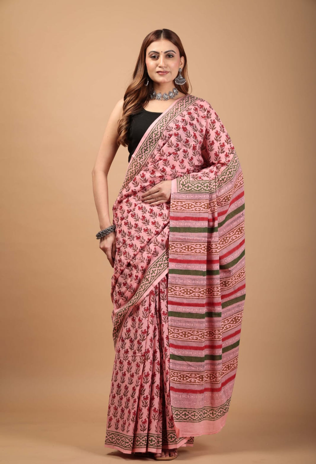 Pink Cotton Mulmul Saree - Airy Handblock Print Drape