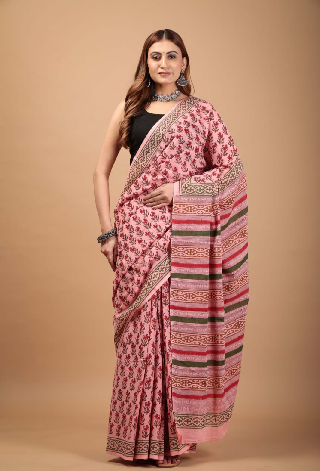 Pink Cotton Mulmul Saree - Airy Handblock Print Drape
