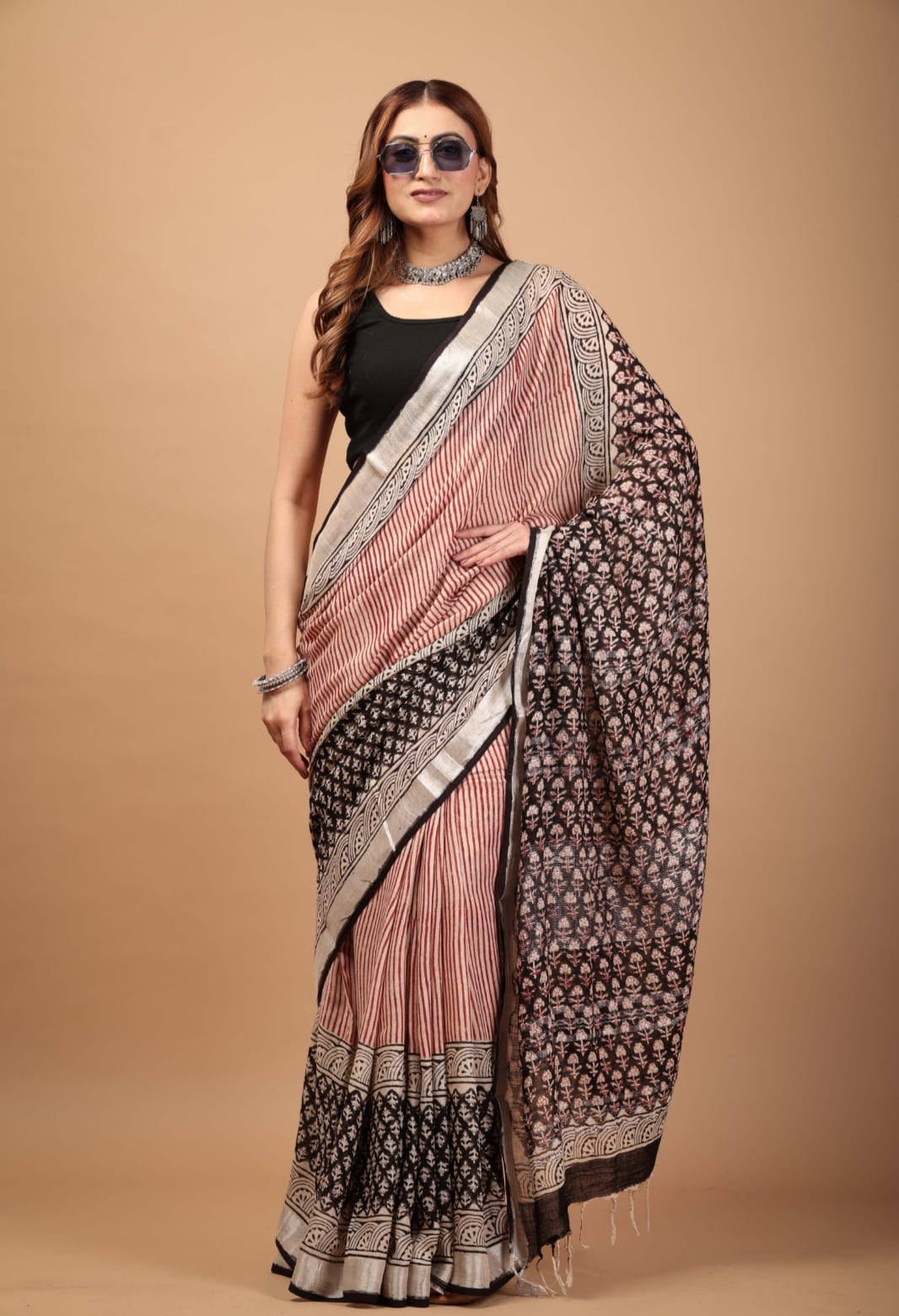Black and Red Linen Saree - Lightweight Breathable Drape