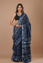 Indigo Handblock Linen Saree – Royal Blue with Silver Border