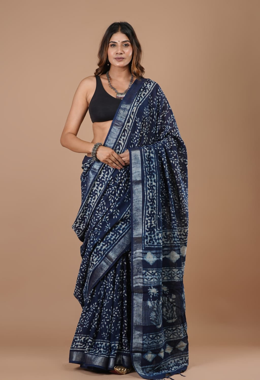 Indigo Handblock Linen Saree – Royal Blue with Silver Border