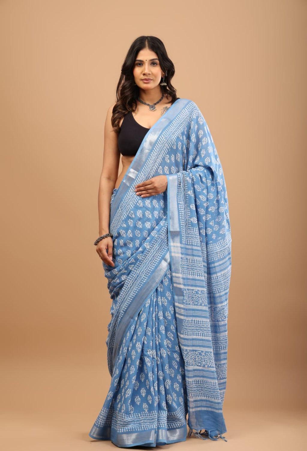 Sky Blue Linen Saree - Lightweight Handblock Print