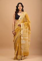 Mustard Yellow Linen Saree - Lightweight Handblock Print