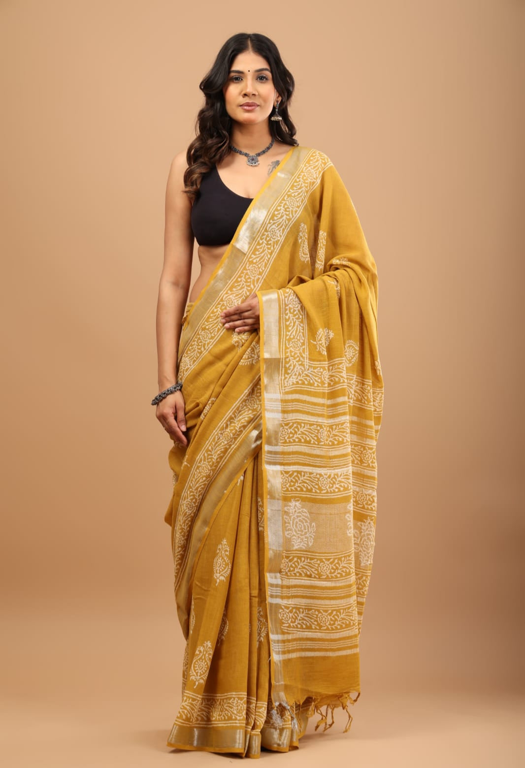 Mustard Yellow Linen Saree - Lightweight Handblock Print