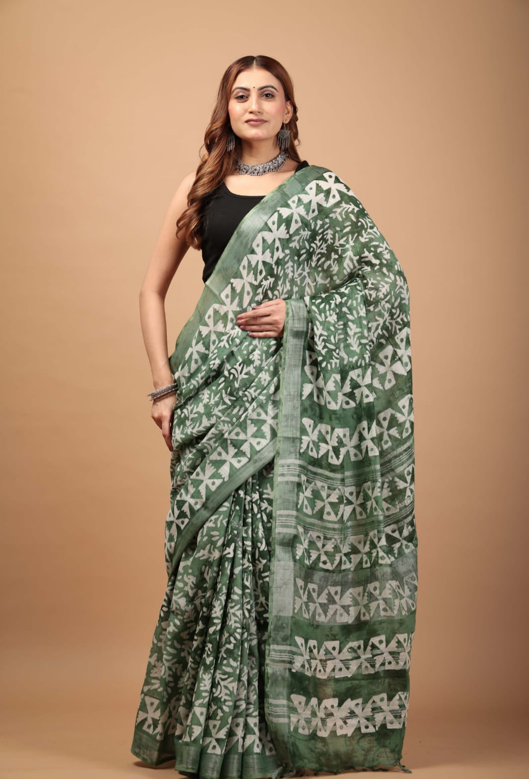 Green Linen Saree - Breathable Handblock Print Drapes