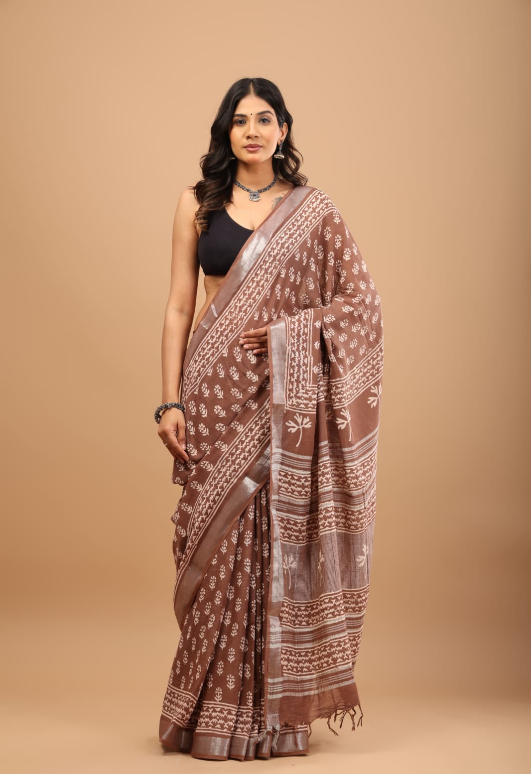Brown Linen Saree - Breathable Handblock Print Drapes
