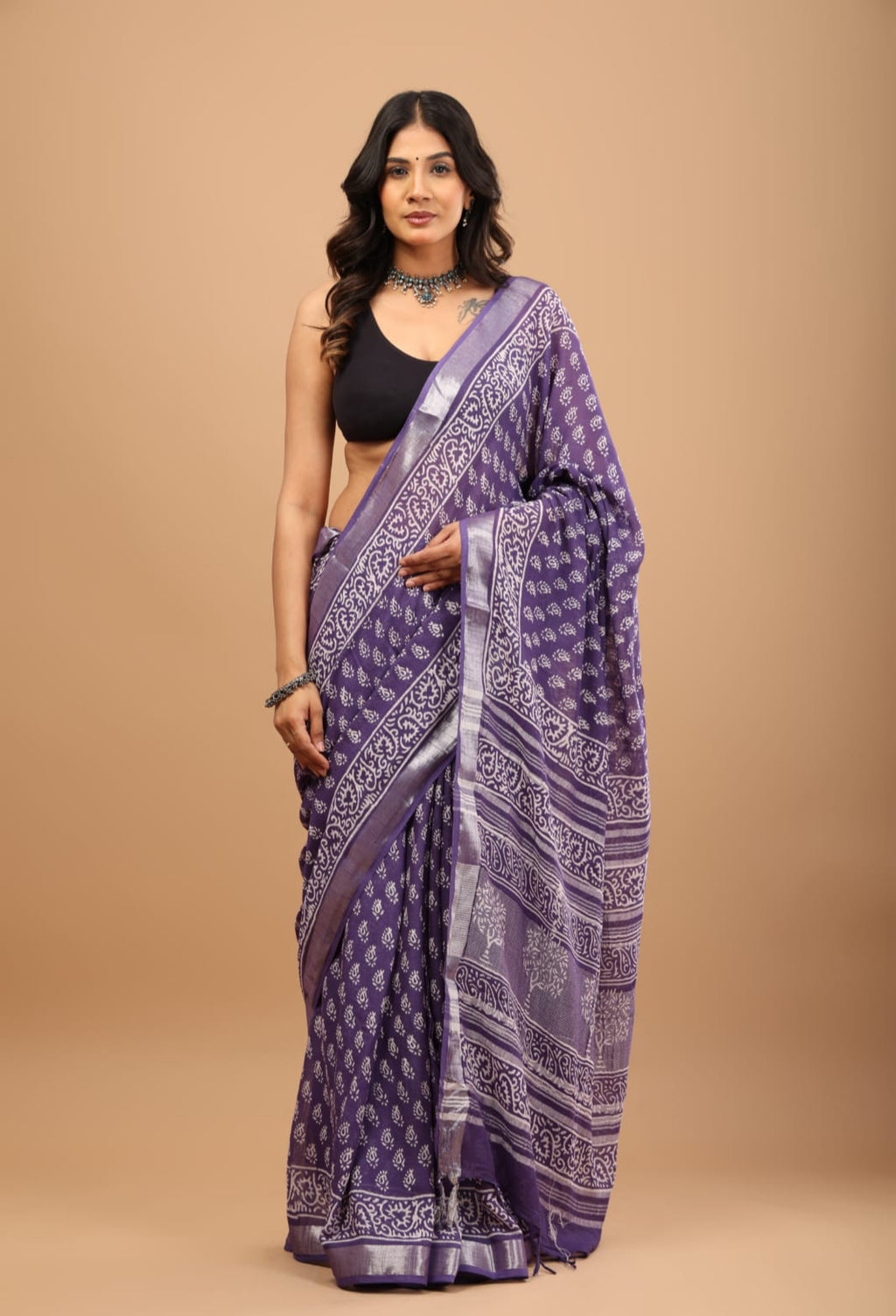Handblock Linen Saree – Royal Purple with Silver Border