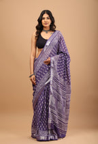 Handblock Linen Saree – Royal Purple with Silver Border
