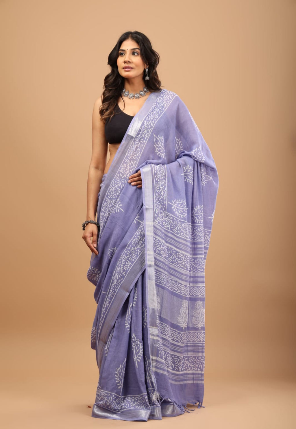 Lavender Linen Saree - Breathable Handblock Print Drape