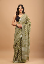 Mehndi Linen Saree - Effortless Breathable Handblock Print