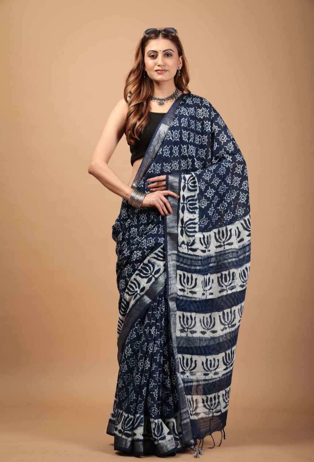 Indigo Linen Handblock Saree with Silver Border