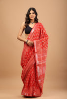 Red Handblock Printed Linen Saree with Blouse Piece