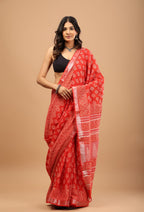 Red Handblock Printed Linen Saree with Blouse Piece