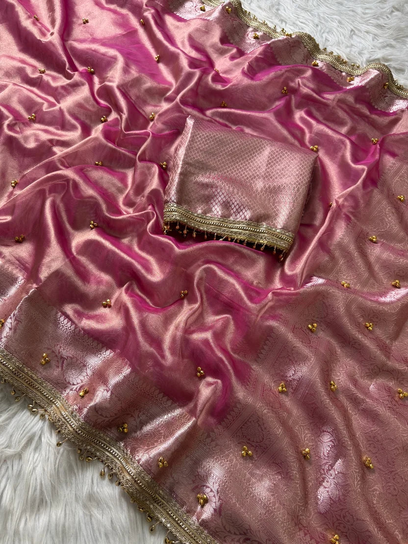 Baby Pink Banarasi Tissue Saree with Ghungroo