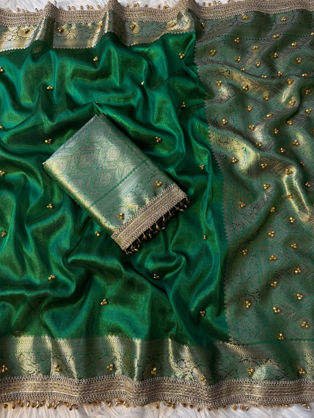 Green Banarasi Tissue Saree with Ghungroo Work