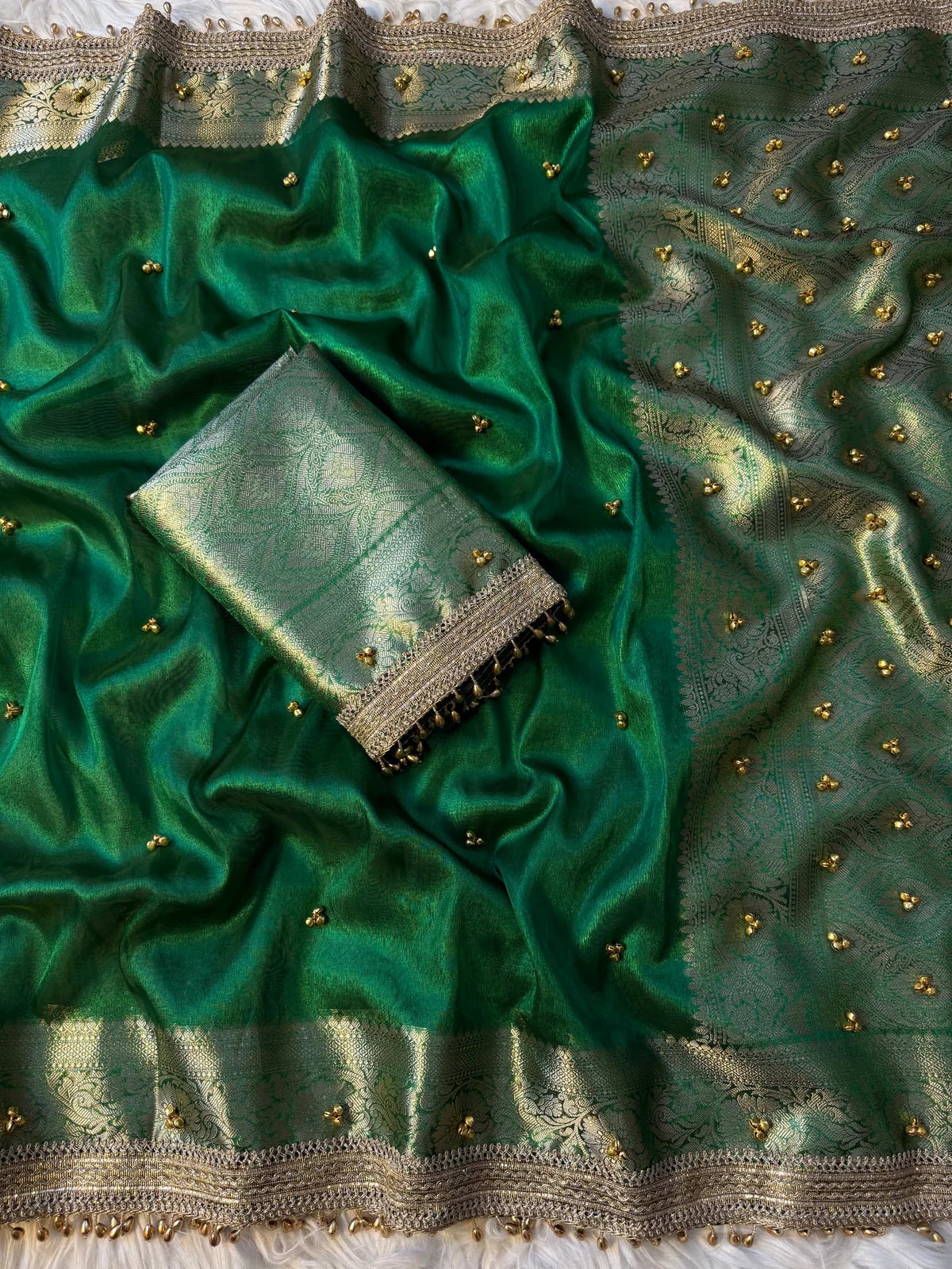 Green Banarasi Tissue Saree with Ghungroo Work