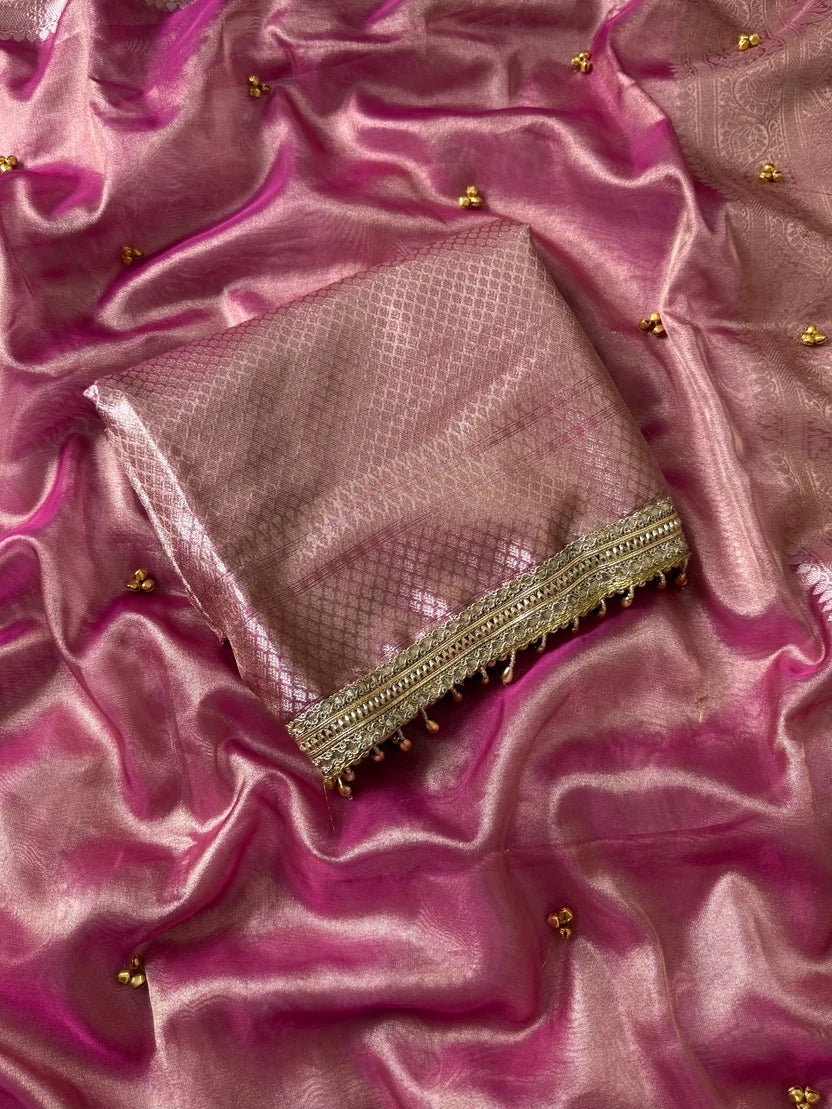 Baby Pink Banarasi Tissue Saree with Ghungroo