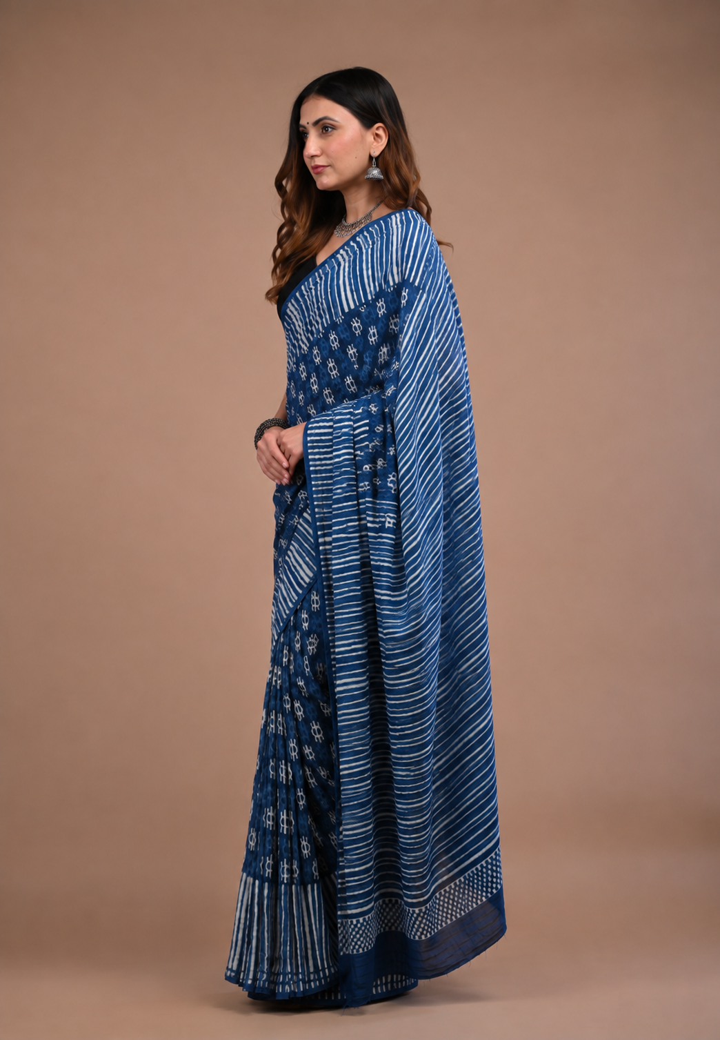 Indigo Cotton Mulmul Saree | Handblock Printed