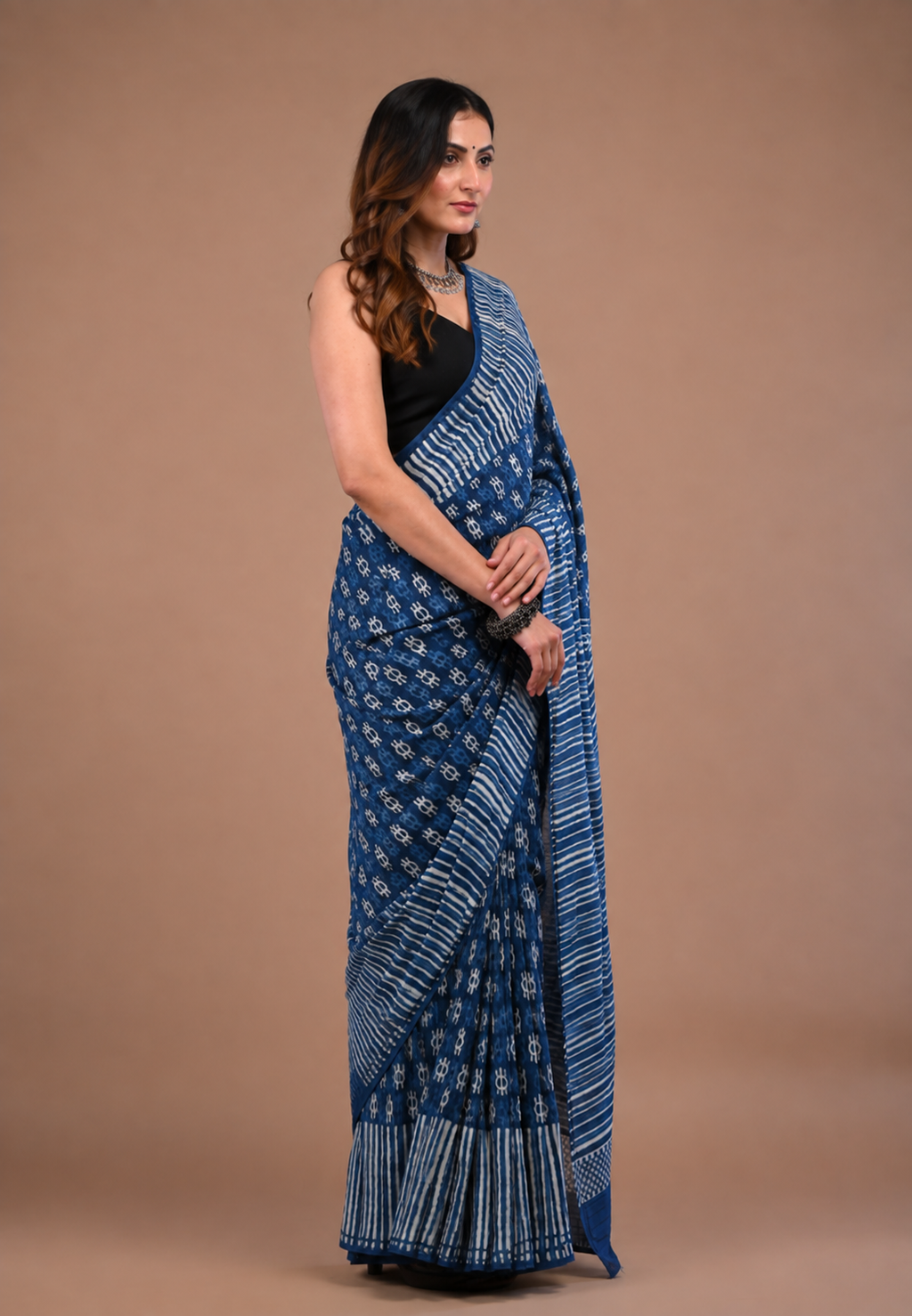 Indigo Cotton Mulmul Saree | Handblock Printed