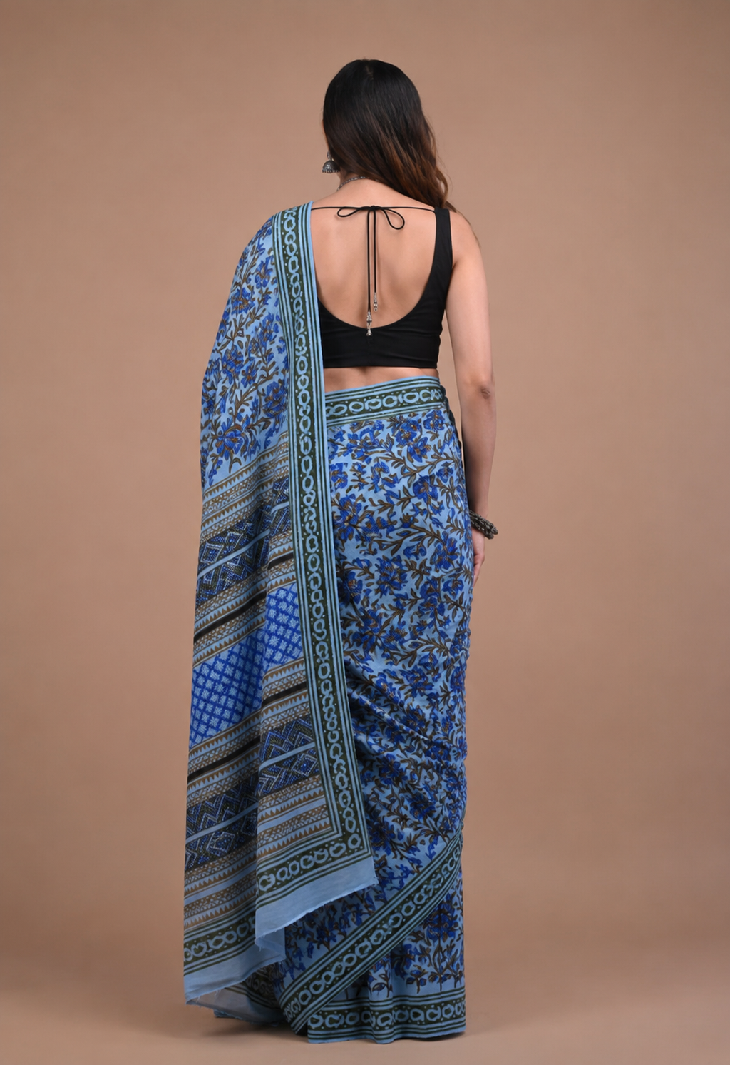 Blue Cotton Mulmul Saree - Breathable Handblock Print