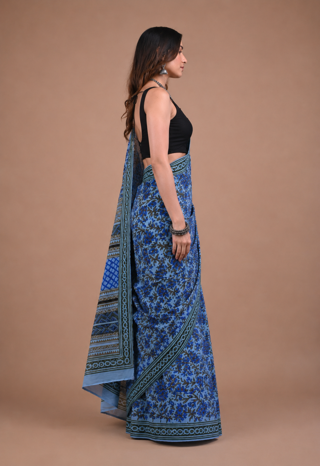 Blue Cotton Mulmul Saree - Breathable Handblock Print