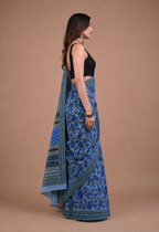 Blue Cotton Mulmul Saree - Breathable Handblock Print