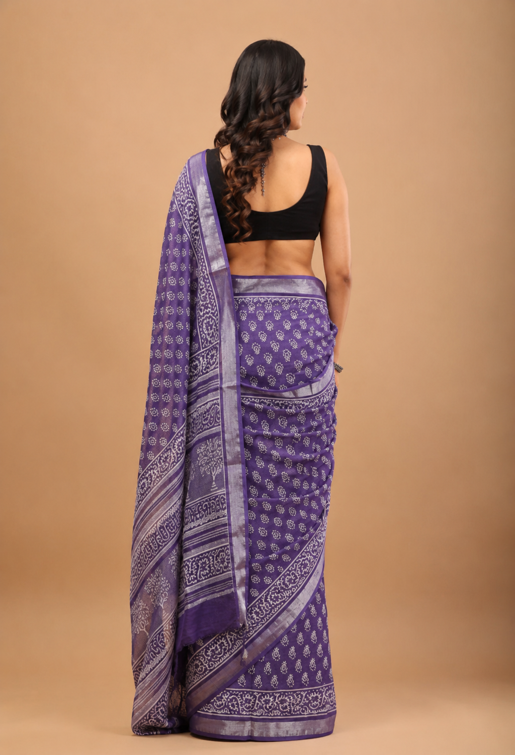 Handblock Linen Saree – Royal Purple with Silver Border