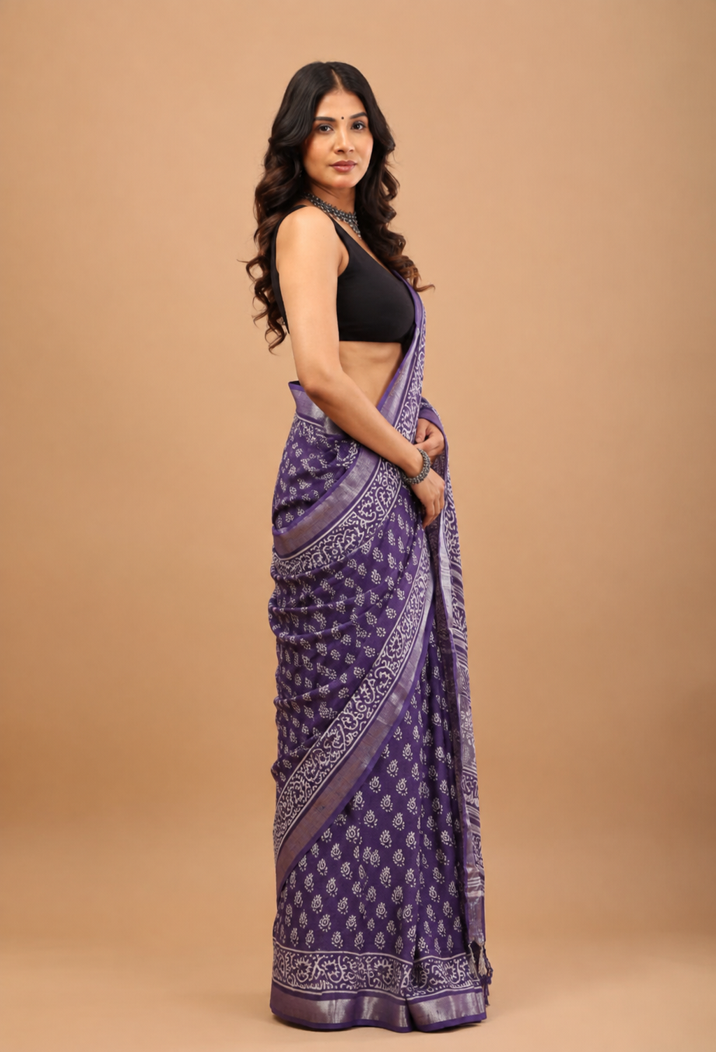 Handblock Linen Saree – Royal Purple with Silver Border