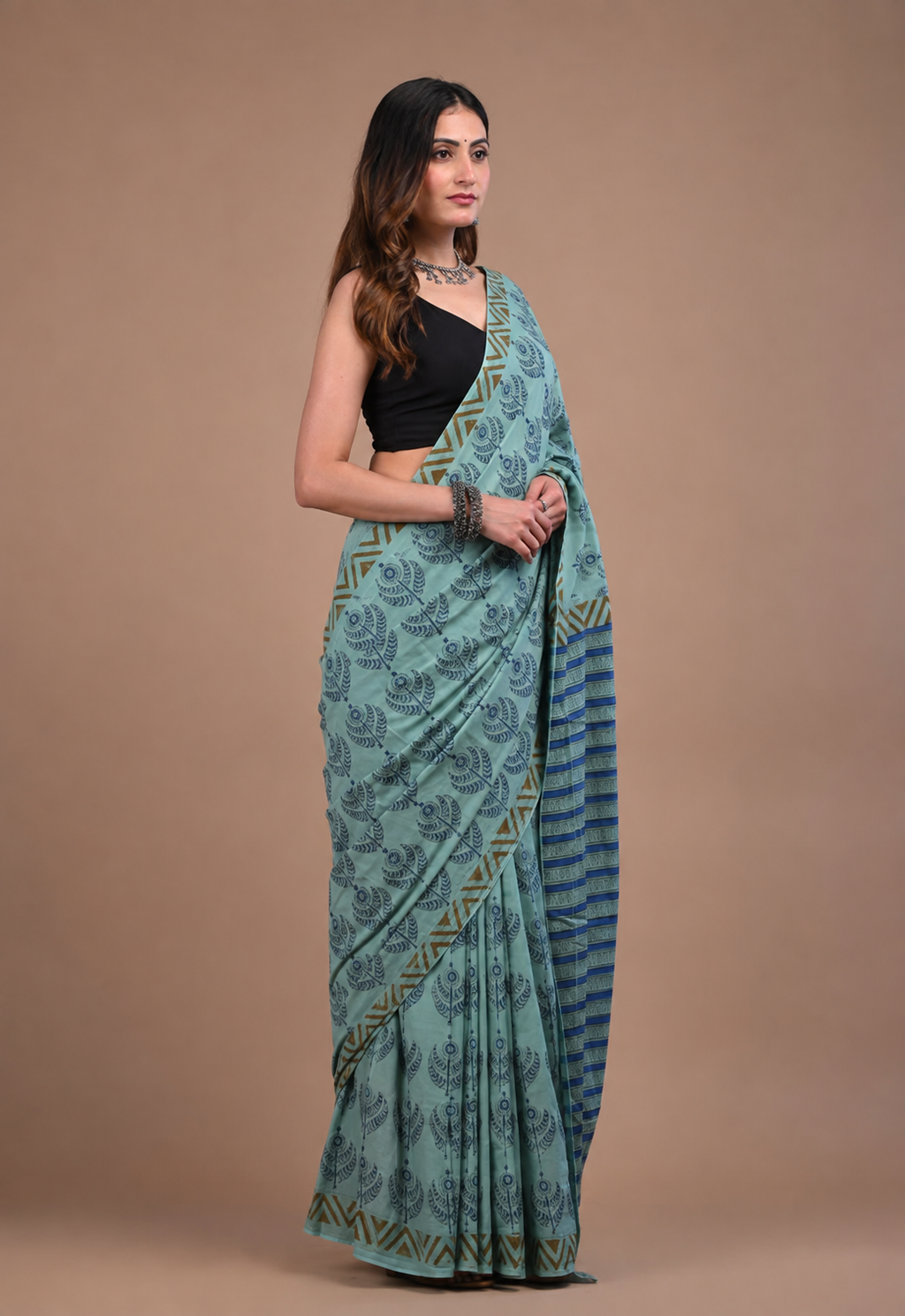 Teal Green Cotton Mulmul Saree | Handblock Printed