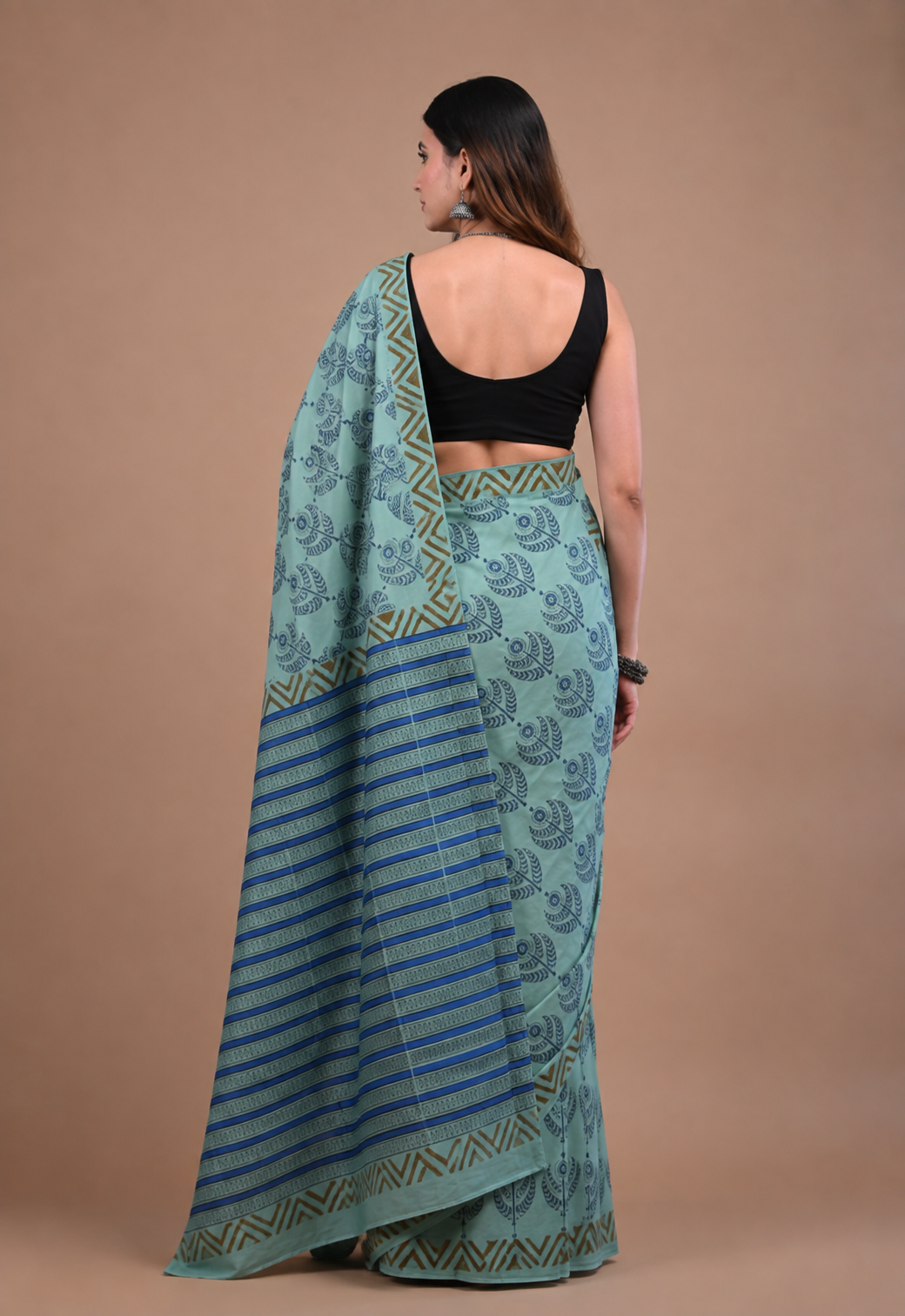 Teal Green Cotton Mulmul Saree | Handblock Printed