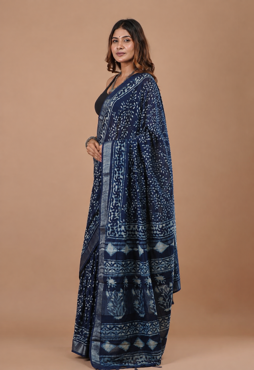 Indigo Handblock Linen Saree – Royal Blue with Silver Border