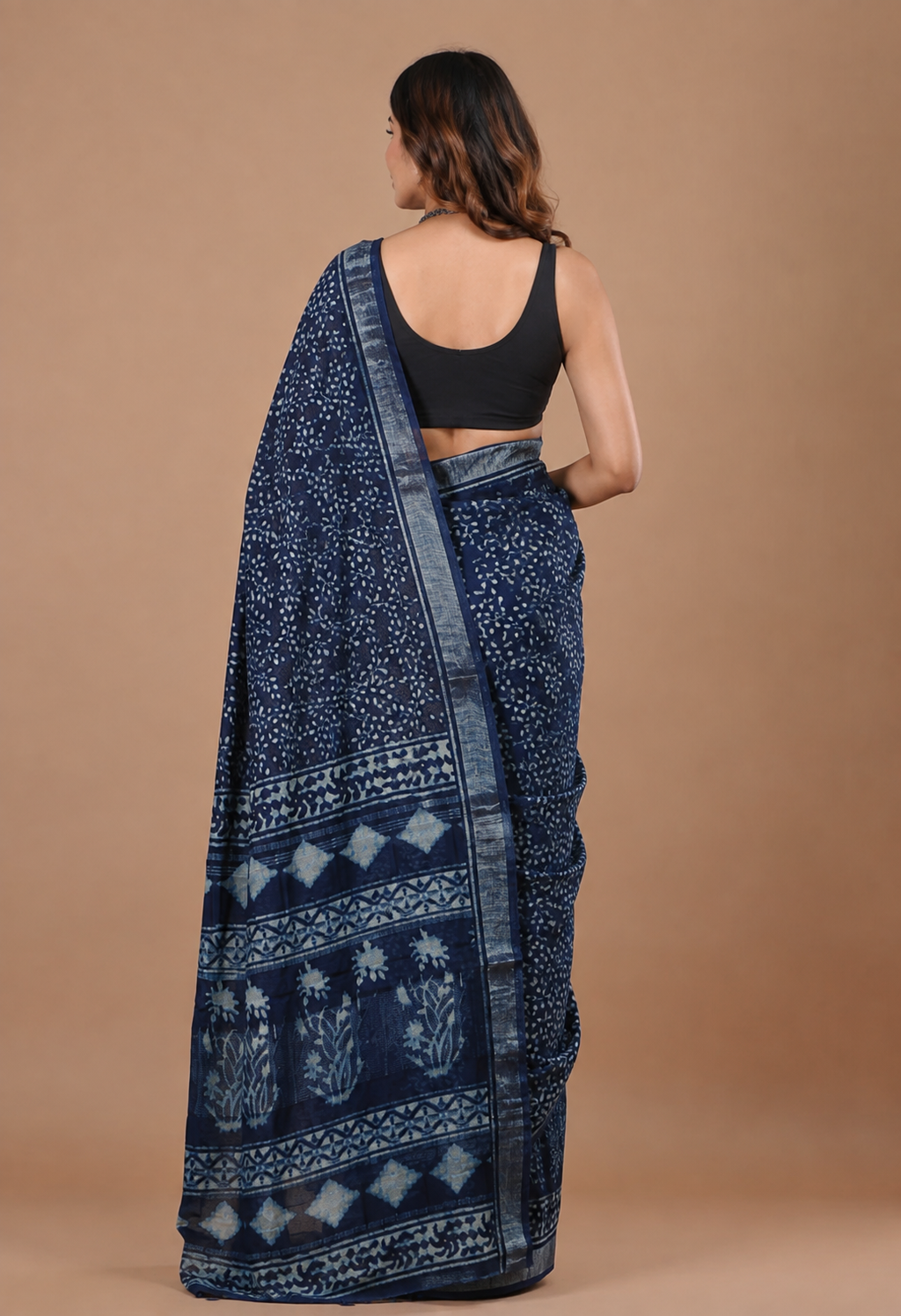 Indigo Handblock Linen Saree – Royal Blue with Silver Border