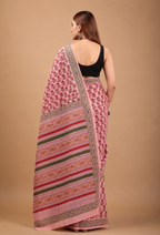Pink Cotton Mulmul Saree - Airy Handblock Print Drape