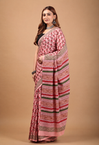 Pink Cotton Mulmul Saree - Airy Handblock Print Drape