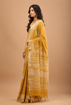 Mustard Yellow Linen Saree - Lightweight Handblock Print