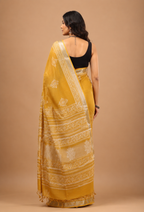 Mustard Yellow Linen Saree - Lightweight Handblock Print