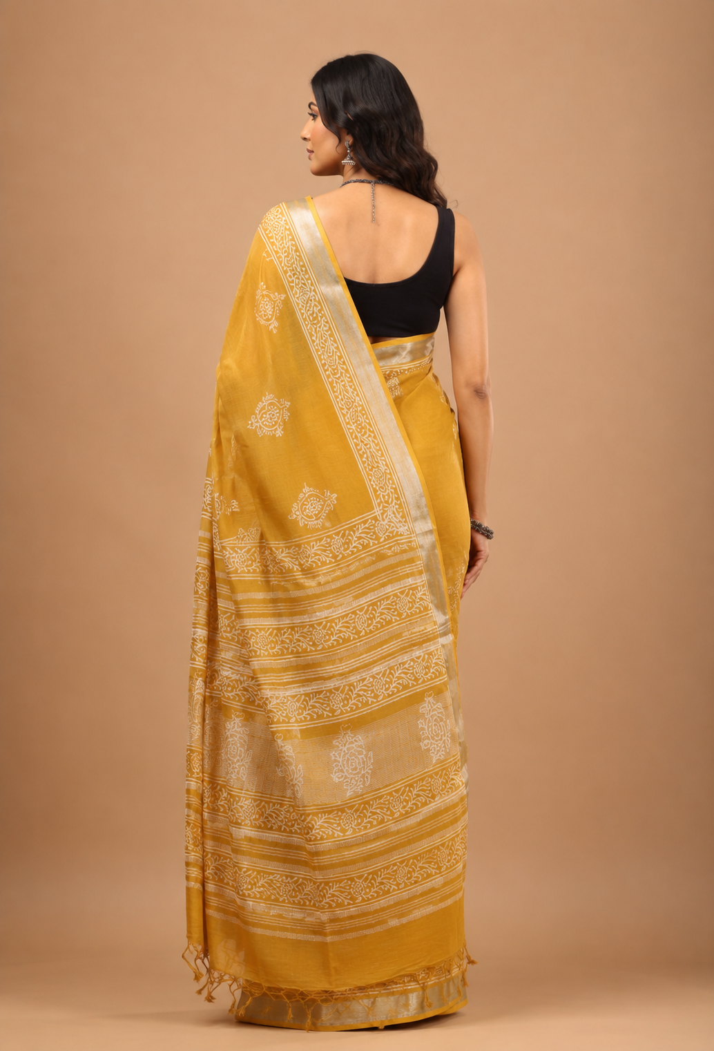 Mustard Yellow Linen Saree - Lightweight Handblock Print
