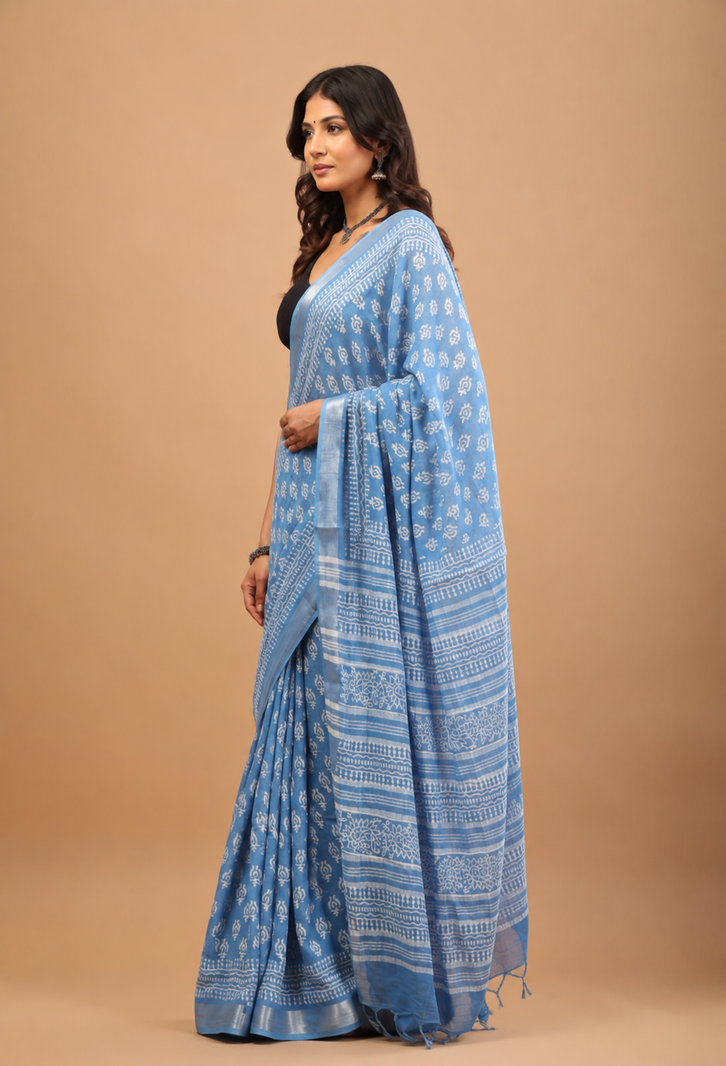 Sky Blue Linen Saree - Lightweight Handblock Print