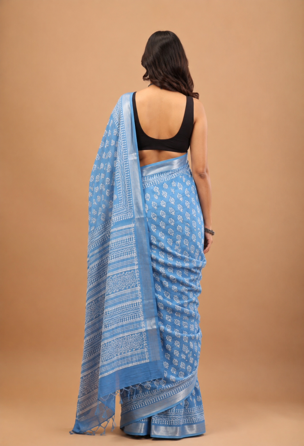 Sky Blue Linen Saree - Lightweight Handblock Print