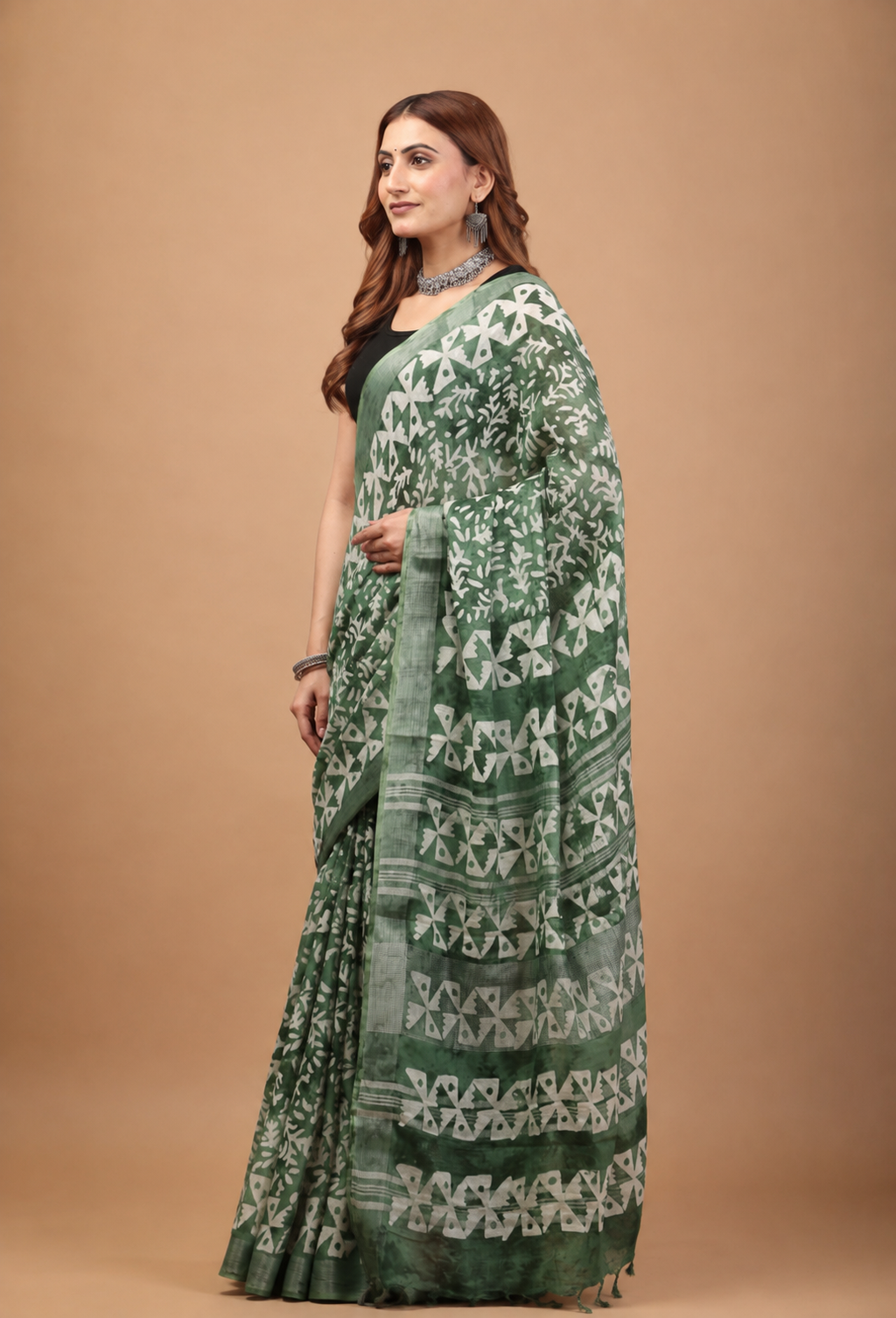 Green Linen Saree - Breathable Handblock Print Drapes
