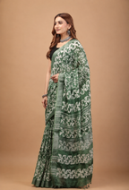 Green Linen Saree - Breathable Handblock Print Drapes